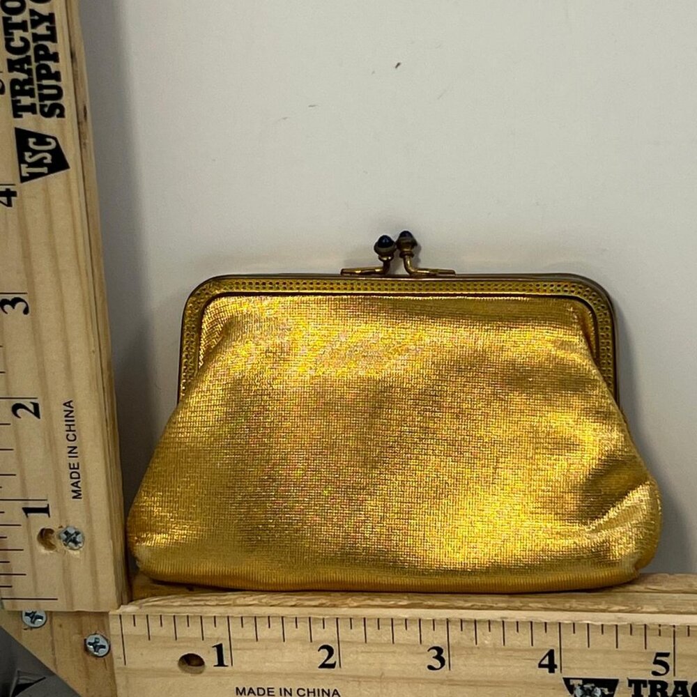 Vintage Gold Metallic Kiss Lock Coin Purse Blue Bead Clasp Red Satin Lining - Picture 1 of 4